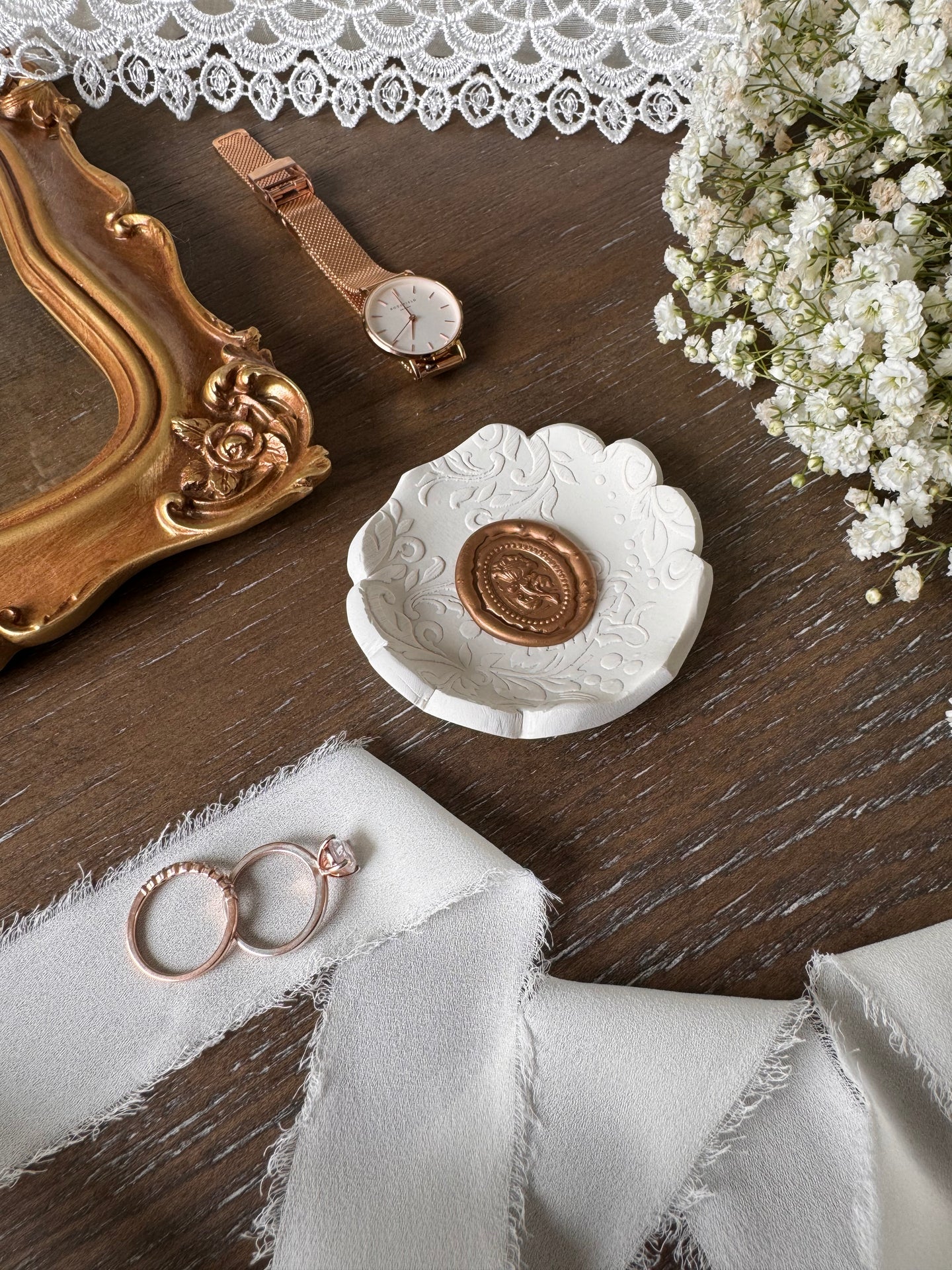vintage themed ring dish with gold wax seal in center, perfect for flat lay kits, photography props